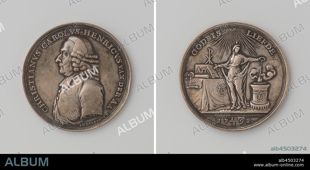 Christianus Carolus Hendricus van der Aa, fifty years pastor at the Lutheran congregation in Haarlem, Silver Medal. Front: man's chest facing to the left within a ring. Reverse: lit by celestial light, in which dove is visible, performs religion, depicted as a veiled woman with flame on head sacrifice above burning altar, base L of which carries in serpentine, next to her table with open bible, book scrolls, cornerstone Christ monogram and Augsburg confession, on a rug lying over the table, a coat of arms within an inscription, cut off: date., Haarlem, Johan George Holtzhey, Amsterdam, 1792, silver (metal), striking (metalworking), d 4.4 cm × w 24.48 gr.