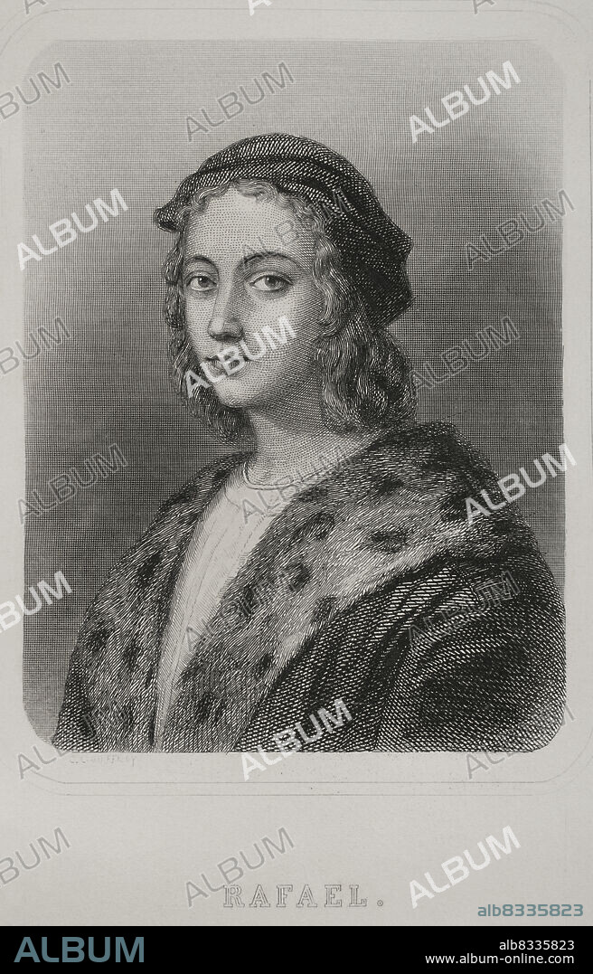 CHARLES GEOFFROY (1819-1882). FRENCH ENGRAVER.. Raphael (1483-1520). Italian Renaissance artist. Portrait. Engraving by Geoffroy. "Historia Universal", by César Cantú. Volume V. 1856.