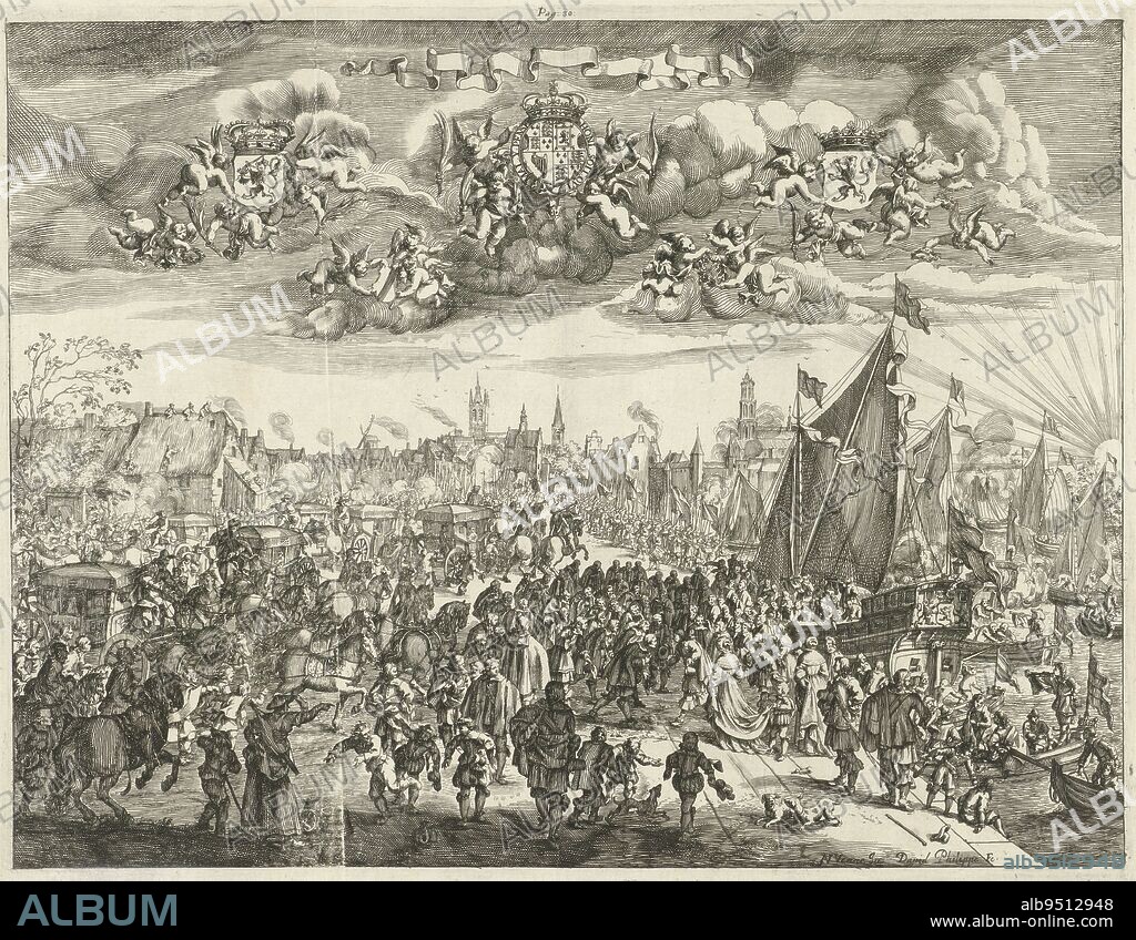 Arrival of the English king Charles II from Breda in Delft, 25 May 1660. Episode during his roundtrip through and departure from the Netherlands. On the quay a large group welcomes the king who arrived in Delft by boat. In the air putti with the coats of arms of the Republic, the English king and Holland. With a banderole without text. Marked at the top: Page 30, Arrival of King Charles II of England in Delft, 1660., print maker: David Philippe, (mentioned on object), Adriaen Pietersz. van de Venne, (mentioned on object), Northern Netherlands, 1660, paper, etching, engraving, h 309 mm × w 400 mm.