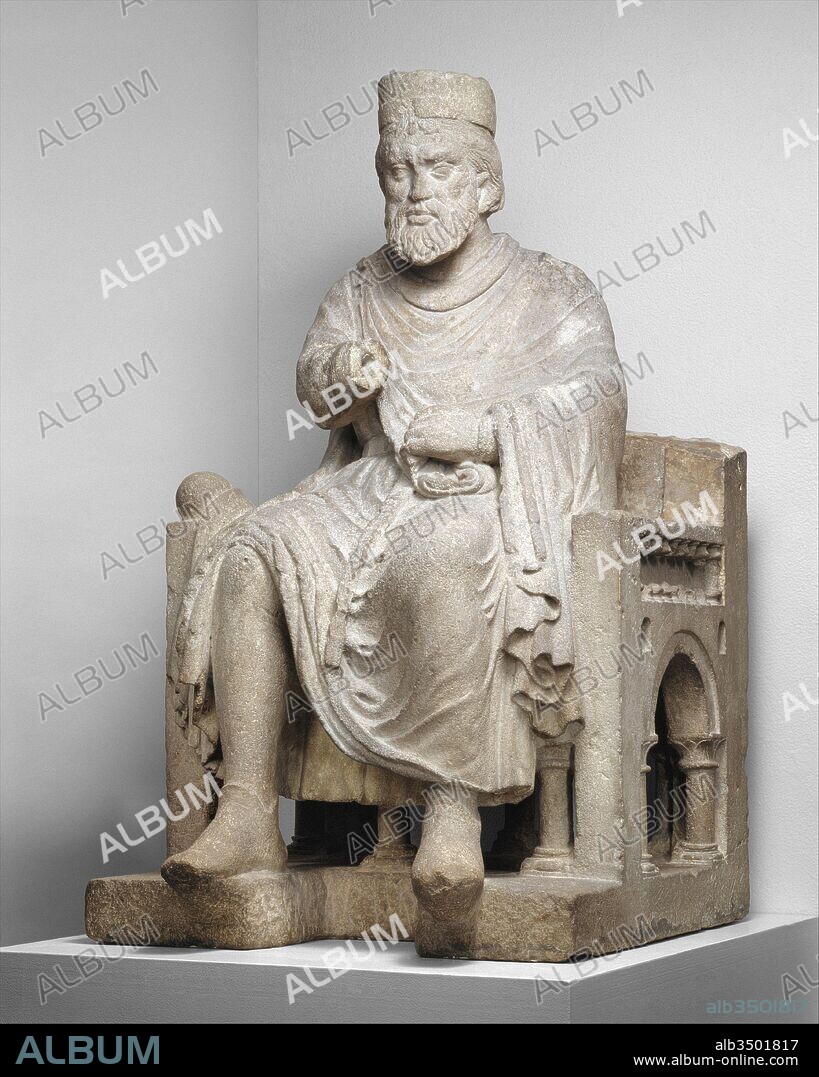 Sculpture of an Enthroned King, ca. 1230–35, Made in Lombardy or Veneto, Italy, North Italian, Limestone, Overall: 39 1/2 x 23 1/4 x 26 in. (100.3 x 59.1 x 66 cm), Sculpture-Stone, Portraying a historical king, such as Solomon, or an allegorical image of the monarch as “the living law” (lex animata), this imposing sculpture must have originated from an important northern Italian civic monument.