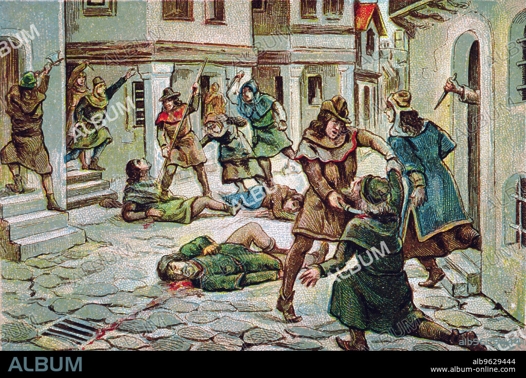 Massacre of Jews in Barcelona (1391), drawing, 1920.