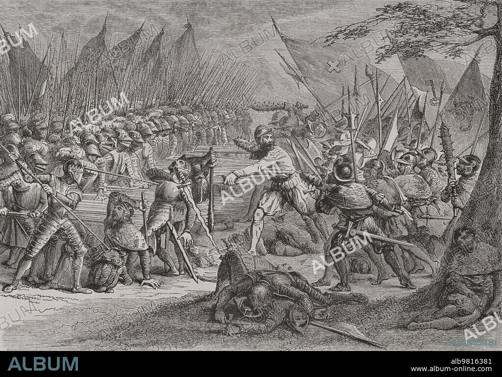 Batalla de Sempach, 9 de julio de 1386. El duque Leopoldo III de Habsburgo (1351-1386) fue derrotado por el ejército de la Antigua Confederación Suiza. Muerte heróica de Arnold Winkelried, un campesino suizo que decidió la victoria de las tropas de la Confederación. Según la leyenda, los suizos inicialmente no pudieron romper las estrechas filas de los piqueros de los Habsburgo. Winkelried gritó que abriría una brecha en la línea de soldados para posteriormente arrojarse sobre las picas austriacas, derribando a algunos de ellos con su cuerpo, consiguiendo romper el frente austriaco permitiendo a los suizos poder atacar y conseguir la victoria. Grabado por J. Facnion. "Los Héroes y las Grandezas de la Tierra". Tomo V. 1855.