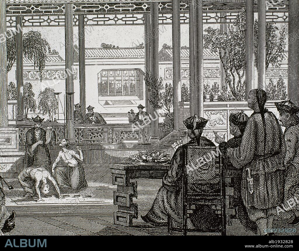 HISTORIA DEL IMPERIO CHINO. "EQUILIBRISTAS ACTUANDO EN LA CORTE IMPERIAL". Grabado del siglo XIX.
