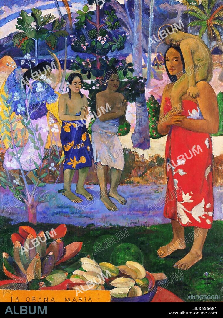 Ia Orana Maria (Hail Mary). Artist: Paul Gauguin (French, Paris 1848-1903 Atuona, Hiva Oa, Marquesas Islands). Dimensions: 44 3/4 x 34 1/2 in. (113.7 x 87.6 cm). Date: 1891.
Before embarking on a series of pictures inspired by Polynesian religious beliefs, Gauguin devoted this, his first major Tahitian canvas, to a Christian theme, describing it in a letter of March 1892: "An angel with yellow wings reveals Mary and Jesus, both Tahitians, to two Tahitian women, nudes dressed in pareus, a sort of cotton cloth printed with flowers that can be draped from the waist. Very somber, mountainous background and flowering trees . . . a dark violet path and an emerald green foreground, with bananas on the left. I'm rather happy with it." Gauguin based much of the composition on a photograph he owned of a bas-relief in the Javanese temple of Borobudur.