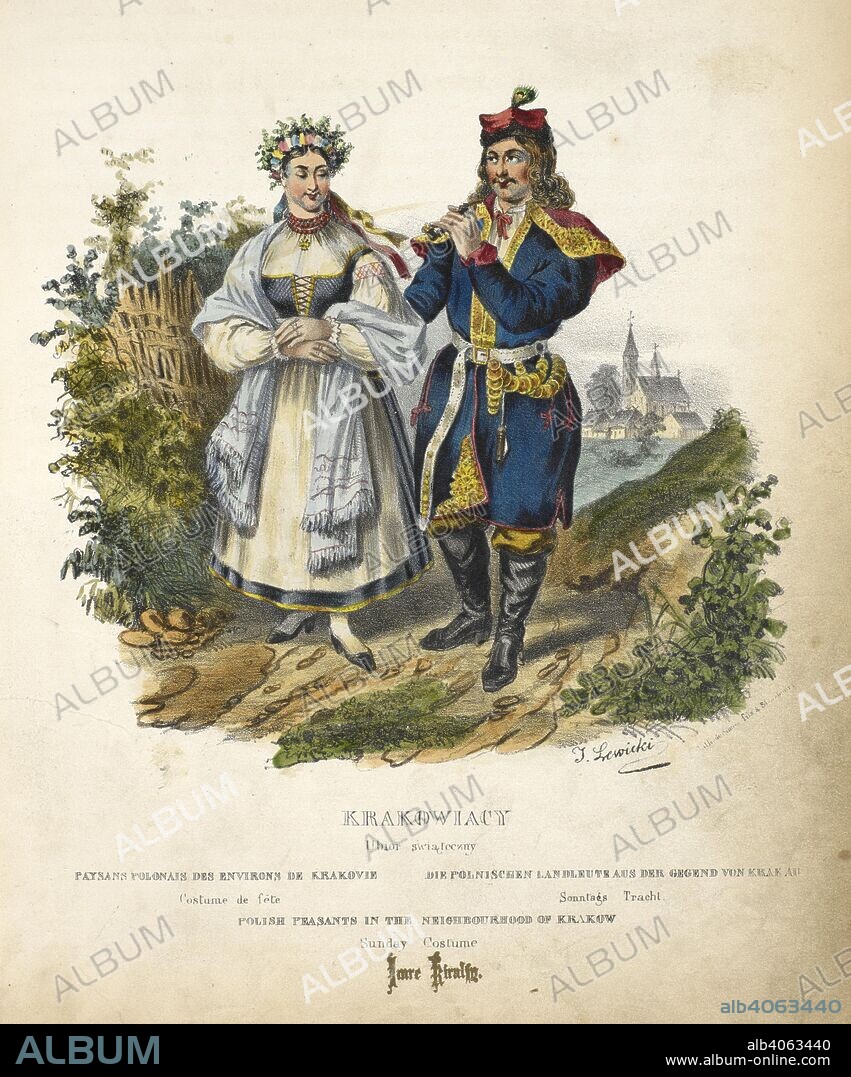 LEON ZIENKOWICZ and J LEWICKI. Polish peasants in the neighbourhood of Krakow. Sunday costume. Les Costumes du peuple polonais, suivis d'une description exacte de ses mÅ“urs, de ses usages et de ses habitudes: Ouvrage pittoresque. Paris, 1841. Source: 7744.dd.5 plate 1 opposite page 10.