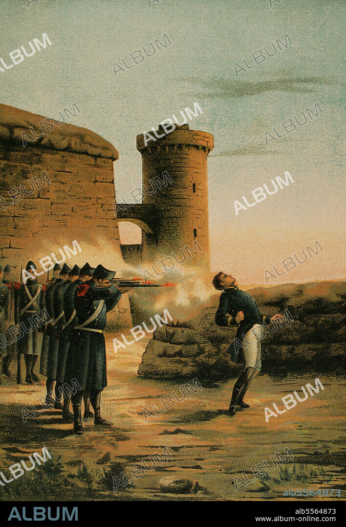 Luis Lacy Gautier (1775-1817). Spanish general who stood out for his actions in Catalonia during the Peninsular War. He was executed by firing squad on 5 July 1817 at Bellver Castle in Palma de Mallorca. Execution of General Lacy. Chromolithography. "Historia de la Revolución Española" (desde la Guerra de la Independencia a la Restauración en Sagunto), by Vicente Blasco Ibáñez. Volume I. Published in Barcelona, 1890.