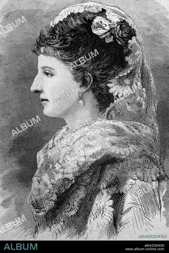 Princess Margherita of Savoy, Margherita Maria Teresa Giovanna, 20 November 1851 - 4 January 1926, was the Queen consort of the Kingdom of Italy by marriage to Umberto I., reproduction of an image, woodcut from the year 1881, digital improved.