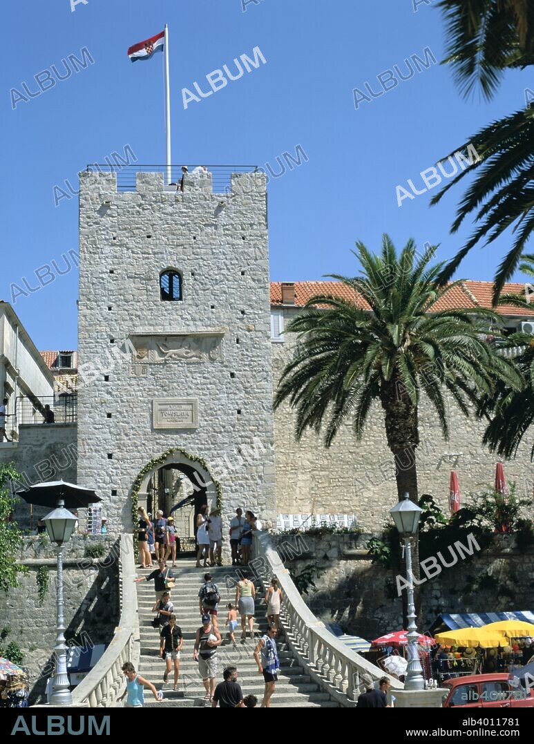 Land Gate, Korcula, Croatia. The city of Korcula, on the island of the same name in the Adriatic, has been settled since ancient times. Governed by Venice for much of the period between the end of the 10th century and the Napoleonic Wars, it is thought to be the birthplace of the merchant and traveller Marco Polo.