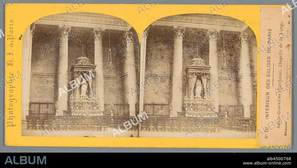 Interior of the Panthéon in Paris, Sainte-Geneviève (Panthéon). Chapelle de la Vierge (title on object), Interior des Îles de Paris (series title on object), parts of church interior: chapel, Panthéon, HJ (mentioned on object), c. 1850 - c. 1880, photographic paper, cardboard, albumen print, h 86 mm × w 172 mm.