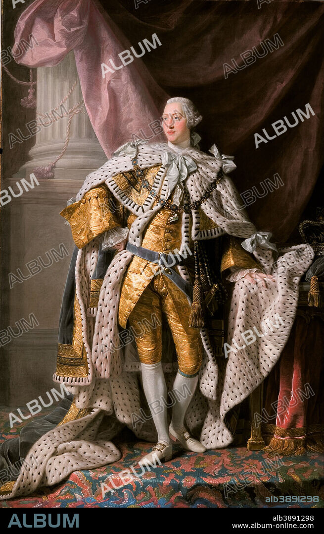 ALLAN RAMSAY. King George III in coronation robes. Date/Period: Ca. 1765?. Painting. Oil on canvas. Height: 236.20 mm (9.29 in); Width: 158.70 mm (6.24 in).