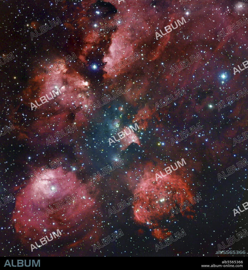 NGC 6334, The Cat's Paw Nebula in Scorpius. Located in the constellation of Scorpius, the Cats Paw Nebula resembles a faint, luminous paw-print on the sky. The sculpted gases of NGC 6334 are illuminated by the light of numerous powerful stars, some exceeding 10 solar masses.