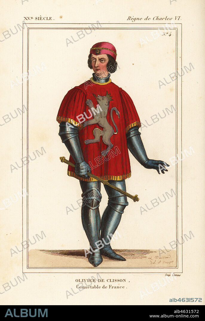 Olivier V de Clisson, connetable de France, Breton soldier known as le Boucher, the Butcher 1336-1407. He wears a suit of armour with coat of arms of the Clisson family. Handcoloured lithograph by Leopold Massard after a fresco in the Carmelite cloisters of Toulouse from Le Bibliophile Jacob aka Paul Lacroix's Costumes Historiques de la France (Historical Costumes of France), Administration de Librairie, Paris, 1852.
