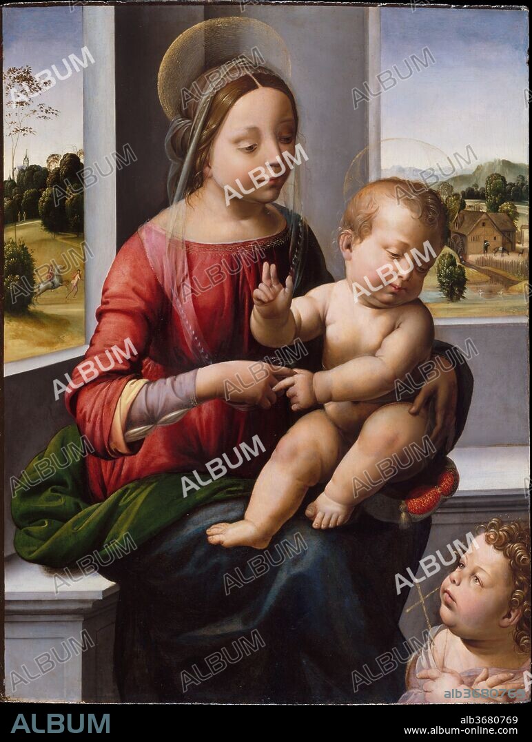 Madonna and Child with the Young Saint John the Baptist. Artist: Fra Bartolomeo (Bartolomeo di Paolo del Fattorino) (Italian, Florence 1473-1517 Florence). Dimensions: 23 x 17 1/4 in. (58.4 x 43.8 cm). Date: ca. 1497.
Mother and child are shown in a softly lit domestic interior with a view out the window of a mill copied from a painting by Hans Memling, whose portraits were prized among Florentines. By contrast, the lively play of hands, the elaborate configuration of the drapery, and the treatment of light are Fra Bartolomeo's response to the work of Leonardo da Vinci. Fra Bartolomeo was among the most creative painters in late-fifteenth-century Florence. This work was painted  before he joined the Dominican order.