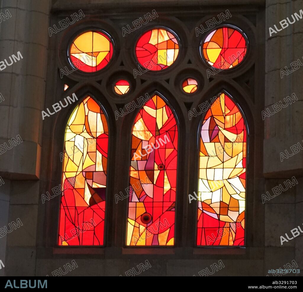 Stained glass windows inside the Sagrada Familia, Catholic church in Barcelona, designed by Spanish architect Antoni Gaudi (1852–1926).