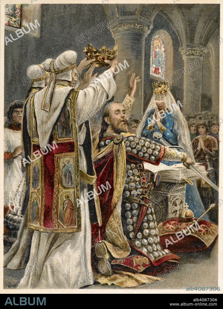 'The taking of the oath by Edward the Confessor'. The Illustrated London News Record of the Coronation Service and Ceremony, King Edward VII and Queen Alexandra. London : Illustrated London News and Sketch Ltd, [1902]. Source: The Illustrated London News Page 8 detail.