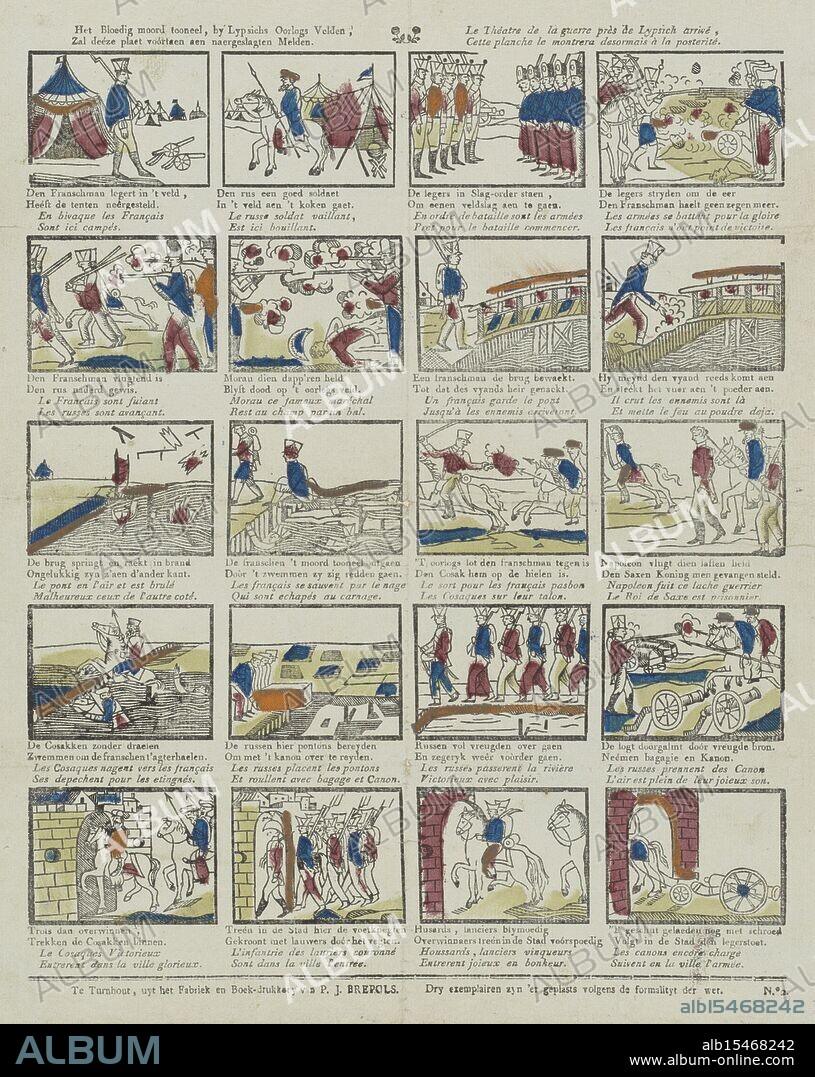 Turnhout, Brepols, Philippus Jacobus, The bloody murder scene, by Lypsich's war fields, Will this plate henceforth be reported to the descendants, The theatre of war arriving at Lypsich, This plan shows the scene deteriorating in posterity, stamped verso, Sheet with 20 representations of the Battle of Leipzig. Under each representation a two-line verse in Dutch and French. Numbered lower right: No. 2., print, popular print, prints, popular prints, height 394 mm, width 335 mm, Publication (Event), Publication, Belgian, 1778 - 1845, publisher, 1800 - 1833, paper, papier, houtcut, kleuren, letterpress printing, boekdruk, print maker, prentmaker.