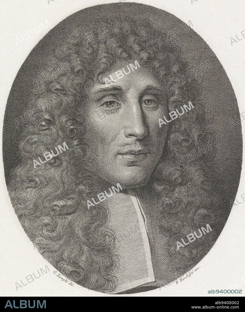 Portrait of physician, biologist and poet Francesco Redi Portraits of famous Italians in ovals , print maker: Benedetto Bordiga, (mentioned on object), intermediary draughtsman: G. Longhi, (mentioned on object), Italy, 1801 - 1839, paper, engraving, h 319 mm - w 230 mm.