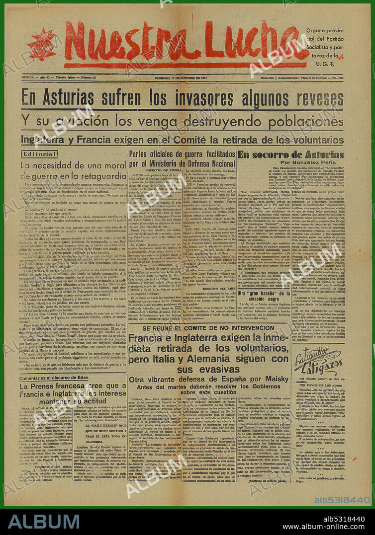 Guerra civil española (1936-1939). Portada del periódico Nuestra Lucha, órgano provincial del Partido Socialista, editado en Murcia, octubre de 1937.