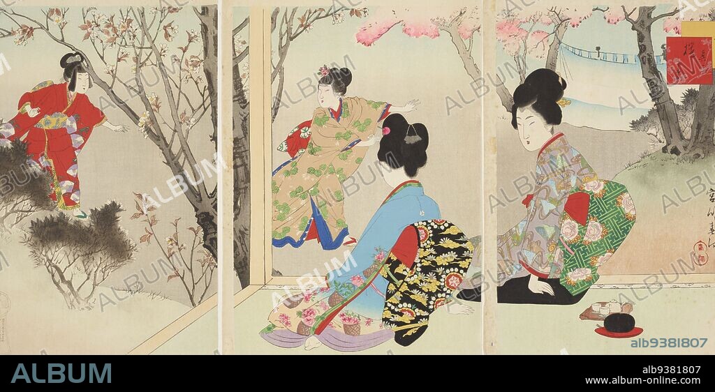 Bijin Junikagetsu (Beauties in the twelve months): March, Miyagawa Shuntei, artist, 1898, Tokyo, woodcut, Miyagawa Shuntei (1873-1914) was a specialist in kuchi-e (literally: mouth piece frontispiece prints) which heralded a new discourse on the social construction of girlhood and womanhood in its focus on sentimental Western notions of romantic love in Japan. He worked in a neo-traditional ukiyo-e mode, evocative of the past but making obvious to anyone that his prints were from the turn of the century. In compositions reminiscent of earlier Yamato-e Japanese-picture genre scenes, Shuntei celebrates the worlds of middle-class women and children at leisure. These themes are reflected in print series titles like Customs of Children (1896) and his celebrated triptych series Bijin junikagetsu (Beauties in the twelve months). In each of the latter series, Shuntei depicts groups of women and children gathering shells and swimming, enjoying picnics in gardens, playing games, and enjoying the changing seasons according to the month. Te Papa acquired three of these compositions from the Heriot collection.
