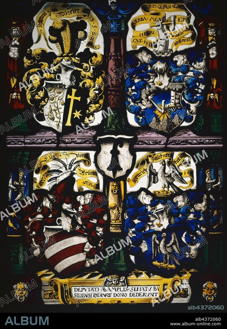 Coat of Arms of the Deputates of the Basel Council, 1561-1562, stained glass, 43 x 31.5 cm |, 31.3 x 42.8 x 2 cm, unsigned, but dated., In the cartouche below: DEPVTATI • AB • AMPLIS [simo] • SENATV • BASILIENSI ORDINATI DONO DEDERVNT, Designation of the coat of arms in the bands: Hanns • Meier • 1 • 5 • 6 • 2 •, HENRICVS • PETRI • VERBA • MEA • SVNT • QVASI • IGNIS • ET • MALLEVS • CONTERENS • PETRA [m] ES., 23, Lux • vonn • Brunn, Henrich • Falckner • Occupant • 1561, Hans Jörg Riecher, Basel 1538 –1614 Basel.