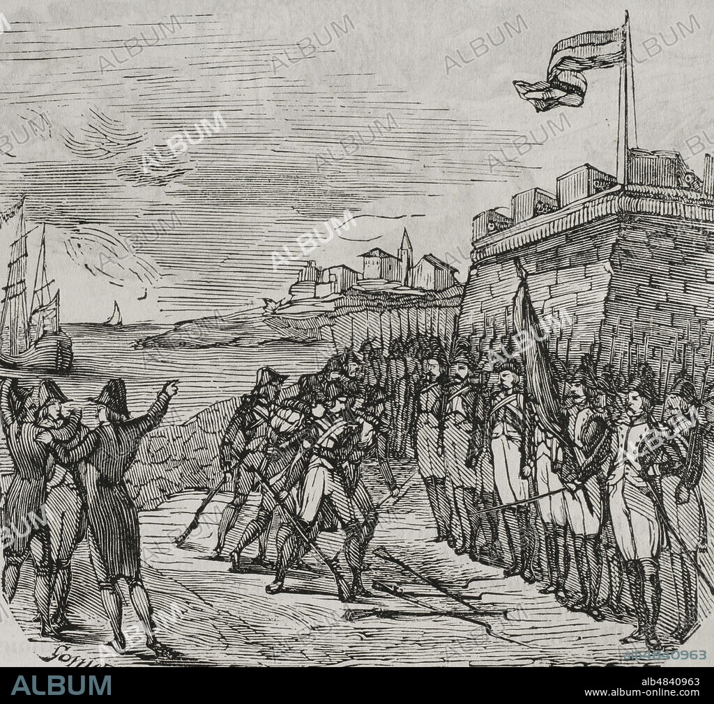Guerra del Rosellón, también llamada Guerra de los Pirineos o Guerra de la Convención, (1793-1795). Conflicto entre la España de Carlos IV y la Primera República Francesa. "Entrega de San Sebastián. Capitulación de la ciudad ante la entrada de las tropas francesas, desarmada, el 4 de agosto de 1794. "San Sebastián no contó con ningún intento de defensa por parte del gobernador militar, el general Molina. Grabado. "Historia del Levantamiento, Guerra y Revolución de España", por el conde de Toreno. Madrid,1851.