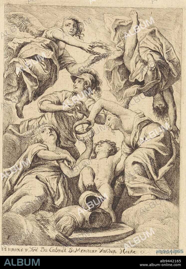 Association of the Crowns of England and Scotland, Philippe Lambert Joseph Spruyt, after Peter Paul Rubens, 1747 - 1801, Allegorical representation on the reign of James I, King of England. Minerva connects the crowns, in the form of rings, of the personifications of England and Scotland. These two female personifications flank a child, lying on an armor. This child symbolizes the new kingdom and future reign of Charles I., print maker: Philippe Lambert Joseph Spruyt, (mentioned on object), after: Peter Paul Rubens, (mentioned on object), Ghent, 1747 - 1801, paper, etching, h 179 mm × w 116 mm.