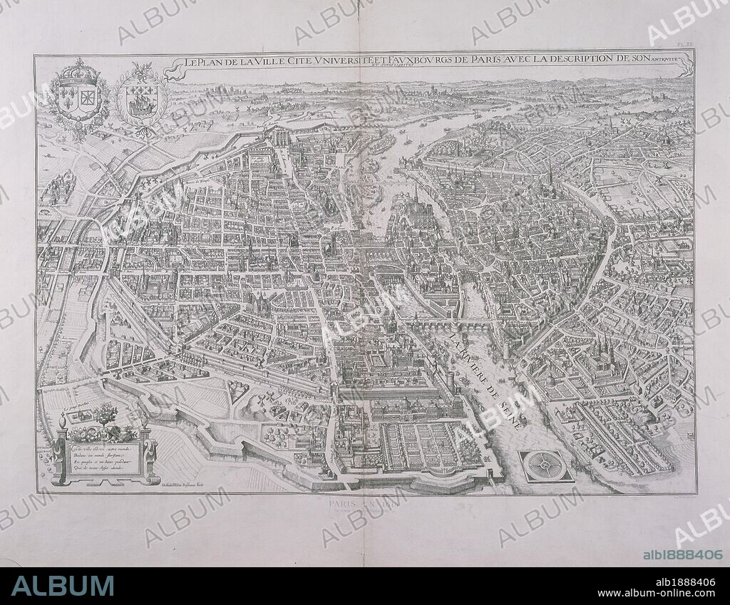 Cartography, France, 17th century. Map of Paris by Matthieu Merian, 1615. Engraving.