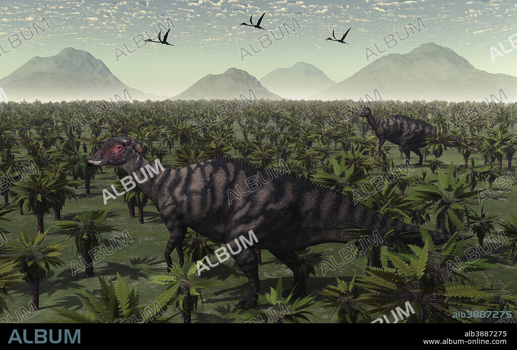 A pair of Parasaurolophus duck-billed dinosaurs walking through the Cretaceous landscape.
