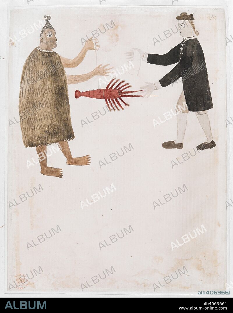 ARTIST OF THE CHIEF MOURNER. [Drawing no.12] A Maori bartering a crayfish with an English naval officer. DRAWINGS, in Indian ink, illustrative of Capt. Cook's first voyage, 1768 -1770, chiefly relating to Otaheite and New Zealand, by A. Buchan, John F. Miller, and others. 1769. Dimensions: 267 x 210  Water-colour. Source: Add. 15508, f.11, no.12. Language: English.