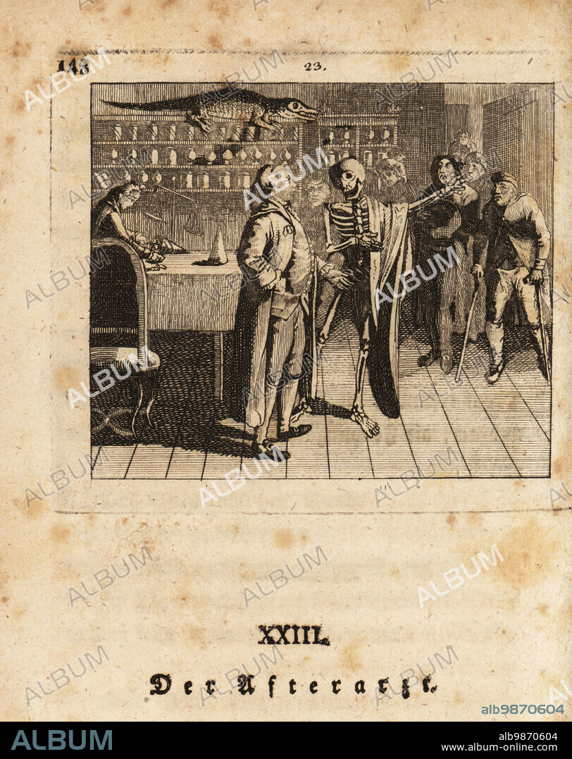 The skeleton of Death, Freund Hans, guides a quack doctor to his death, 18th century. The apothecary stands in a shop decorated with a crocodile, scales and bottles of drugs, medicines and poisons. A crowd of sick people watch. Pharmacist. Der Afterarzt. Copperplate engraving by Johan Georg Mansfeld after an original by Johann Rudolf Schellenberg from Johan Kark Musauss Freund Heins Erscheinungen in Holbeins Manier, (Apparitions of Death in the manner of Holbein) Mannheim, 1803.