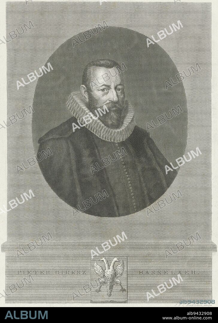 Portrait of Pieter Dircksz Hasselaer, councilor and alderman of Amsterdam. He was also one of the nine founders of the Compagnie van Verre in 1594 (the forerunner of the V.O.C.). In the margin his name and family crest, Portrait of Pieter Dircksz Hasselaer, print maker: Jan Frederik Christiaan Reckleben, (mentioned on object), after: Cornelis van der Voort, Amsterdam, 1851 - 1853, paper, steel engraving, h 225 mm × w 148 mm.