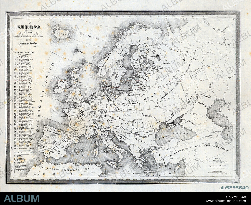 Mapa físico-político de Europa en el año 1100 con indicación de la fecha de constitución de los diferentes estados, reinos y condados. Grabado de 1870.