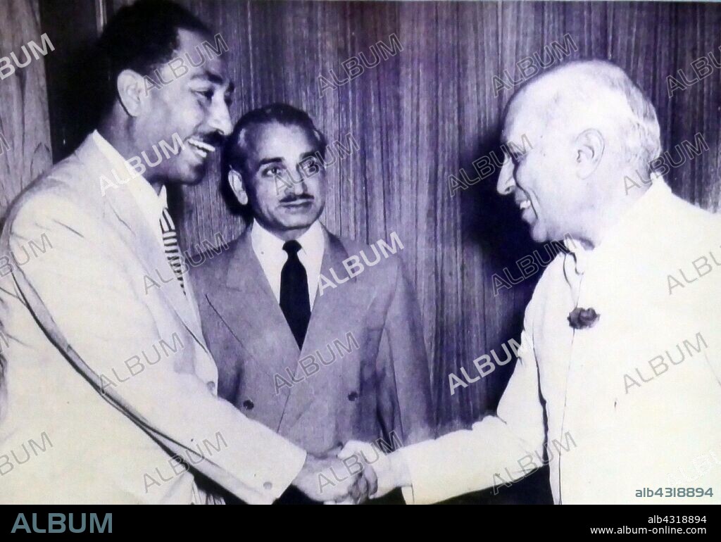 Anwar el-Sadat, of Egypt, with Prime Minister Nehru of India. 1955.