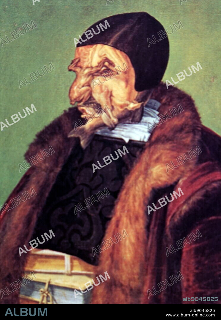 Painting titled 'The Jurist' by Giuseppe Arcimboldo (1527-1593), an Italian painter known for creating imaginative portrait heads made entirely of objects such as fruits, vegetables, flowers, fish, and books. Dated 16th Century.
