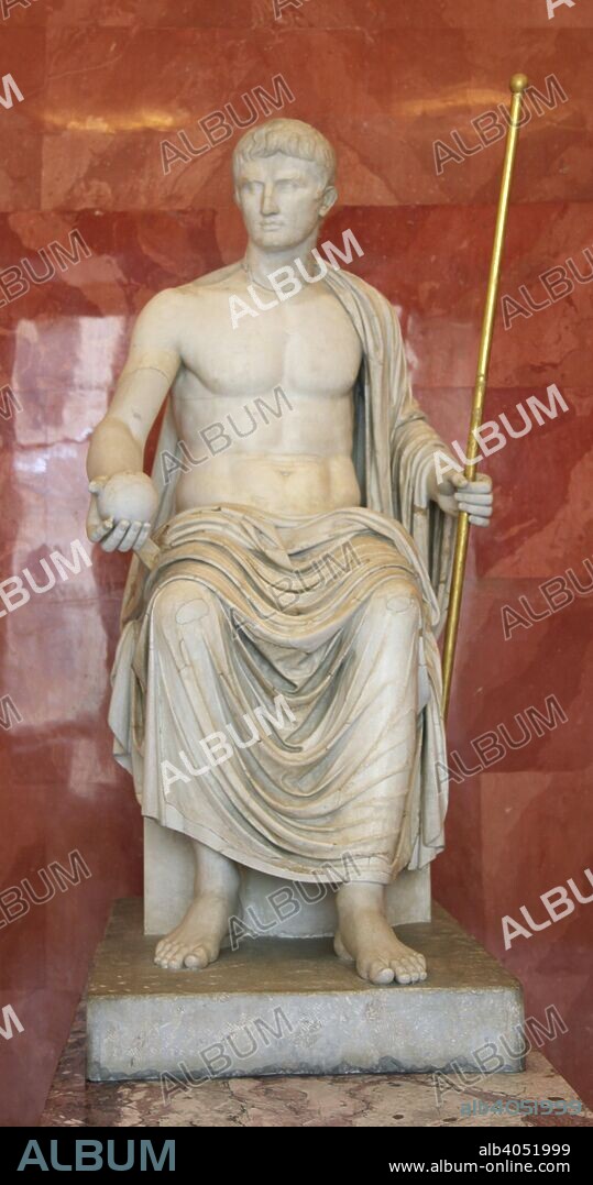 Statue of Augustus as Jupiter, first half of 1st century BC. Gaius Julius Caesar Octavianus (63 BC-14 AD) became one of a triumvirate of rulers after the death in 44 BC of Julius Caesar, his great-uncle, whose dictatorship had brought an end to the Roman republic. He became sole ruler in 31 BC after defeating Mark Anthony at the Battle of Actium, and in 27 BC proclaimed himself Emperor, adopting the title Caesar Augustus. Octavian's rule, which lasted until 14 AD, ended a century of civil strife and was a period of peace and prosperity in which Rome attained the height of its imperial power. Found in the collection of The Hermitage, St Petersburg.