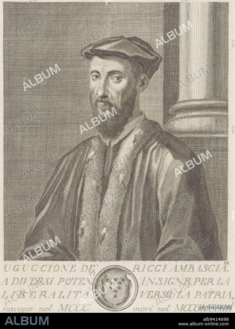Portrait of Uguccione de' Ricci Below the portrait a text in Italian and a coat of arms in a circular frame, Portrait of Uguccione de' Ricci Portraits of famous Italians with coat of arms in lower margin , print maker: Francesco Allegrini, (mentioned on object), intermediary draughtsman: Giuliano Traballesi, (mentioned on object), Zanobi de'Ricci, (mentioned on object), Italy, 1762, paper, engraving, h 297 mm × w 195 mm.