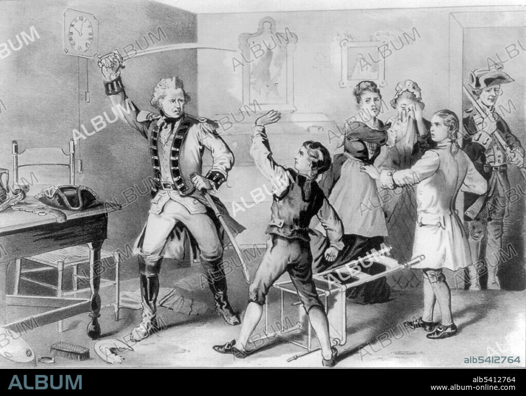 "The Brave Boy of the Waxhaws," Currier and Ives, 1876. Andrew Jackson (1767-1845), the 7th American President. In 1781, Andrew and Robert were captured by the British in 1781. When Andrew refused to clean the boots of a British officer, the officer slashed him with a sword, leaving him with scars on his left hand and head, as well as an intense hatred for the British. The two brothers were held as prisoners, contracted smallpox, and nearly starved to death in captivity.