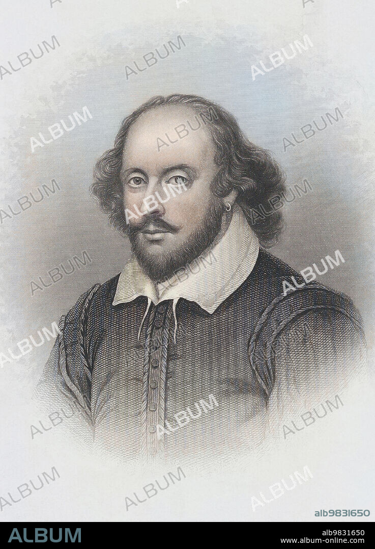 William Shakespeare 1564 - 1616. English playwright and poet. After a 19th engraving by John Chester Buttre from the 18th century engraving by Houbraken, which in turn had been based on the 16th century Chandos portrait. Later colourization.