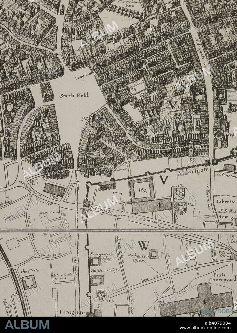 A detail of a map of the area around Smithfield, Ludgate, and Aldersgate from a close study of the ruins of the city of London after the Great Fire of London, 1666. . An exact Surveigh of the Streets, Lanes, and Churches contained within the ruines of the City of London, first described in six plats ... Reduced here into one entire plat by John Leake ... Jonas Moore & Ralph Graterix, Surveyors. Wenceslaus Hollar fecit, 1667. A scale of feet, 500[ = 42 mm]. England 1669. 2 sh. 415 x 530 mm.; A scale of feet, 500[ = 42 mm]. Source: Maps 3485 (243) (Detail). Language: English.