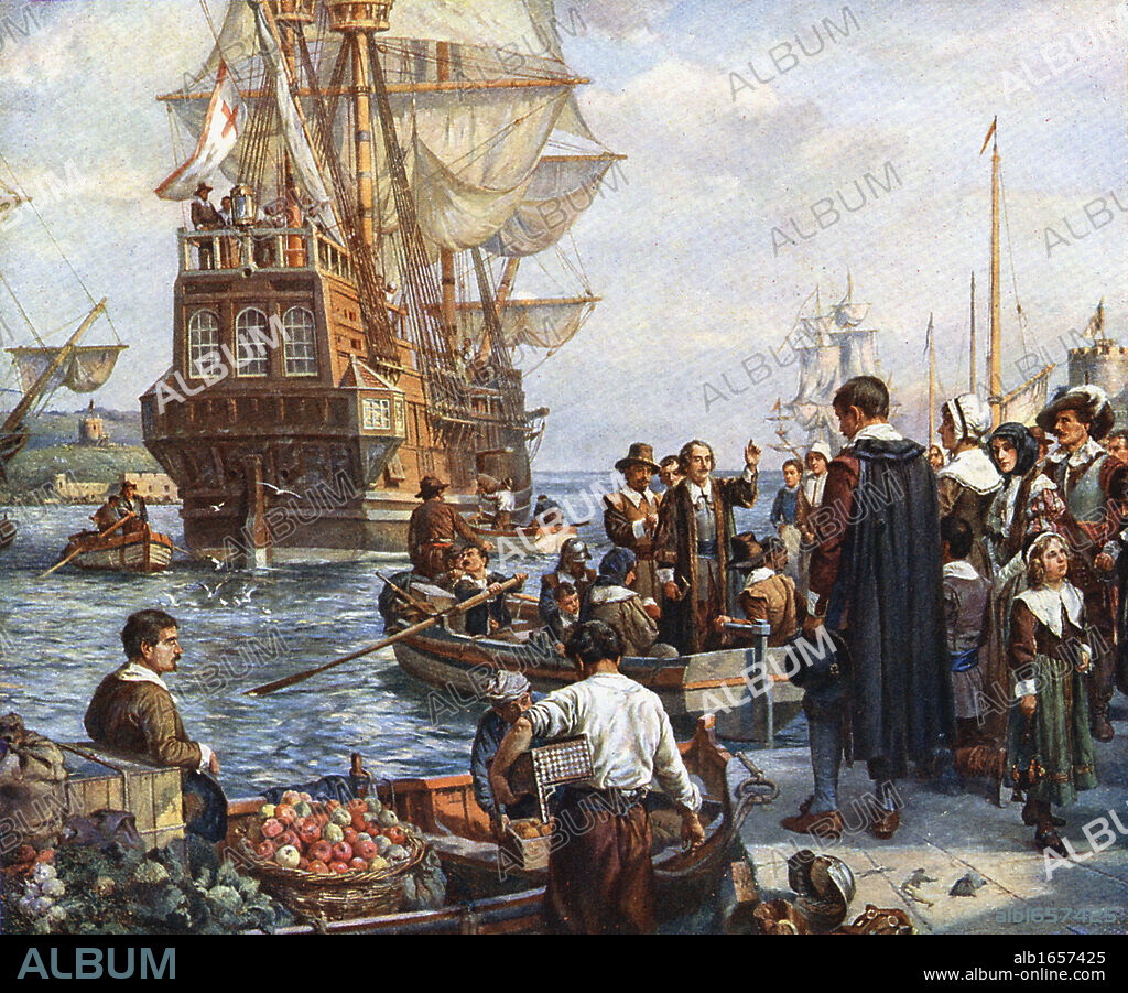 The Pilgrim Fathers boarding the 'Mayflower' for their voyage to America. After painting by Bernard Gribble.