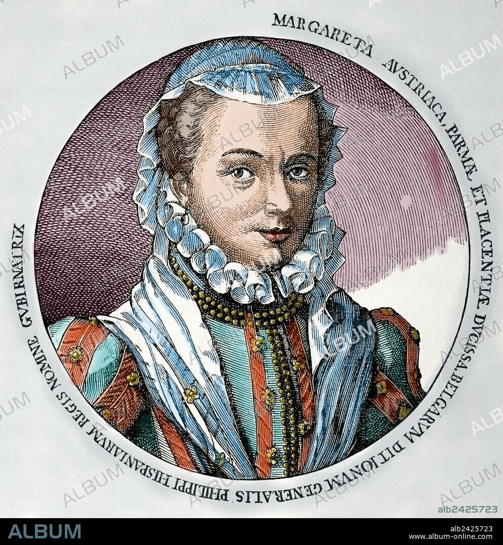 Margaret of Parma (1522-1586). Governor of the Netherlands (1559-1567) and( 1578-1582). Illegitimate daughter of Holy Roman Emperor Charles V and Johanna Maria van der Gheynst,  Duchess of Florence and Duchess of Parma and Piacenza by marriage. Engraving. "Historia Universal", 1885. Colored.