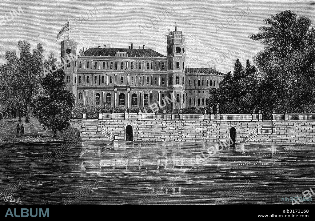 Great gatchina palace in gatchina near st. petersburg, russia, historical illlustration, about 1886.