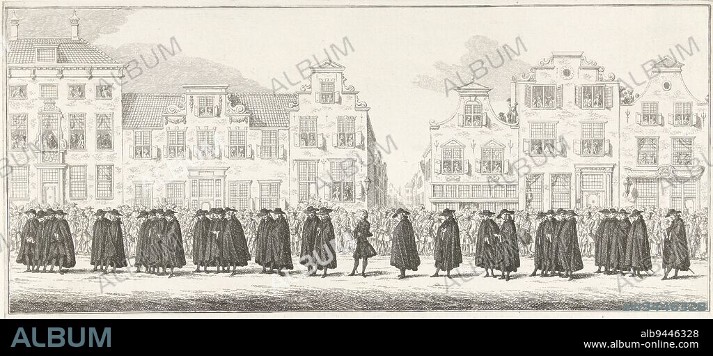 Members of the courtly administration in the funeral procession of Anna van Hannover at Delft, 1759, Simon Fokke, after Paulus Constantijn la Fargue, 1759 - 1761, Members of the States General and staff of the States of Holland. Part of a series of 16 plates in etching of the bierstatie of the princess Anna van Hannover, buried on February 23, 1759 in Delft., print maker: Simon Fokke, intermediary draughtsman: Paulus Constantijn la Fargue, Amsterdam, 1759 - 1761, paper, etching, h 190 mm × w 395 mm.