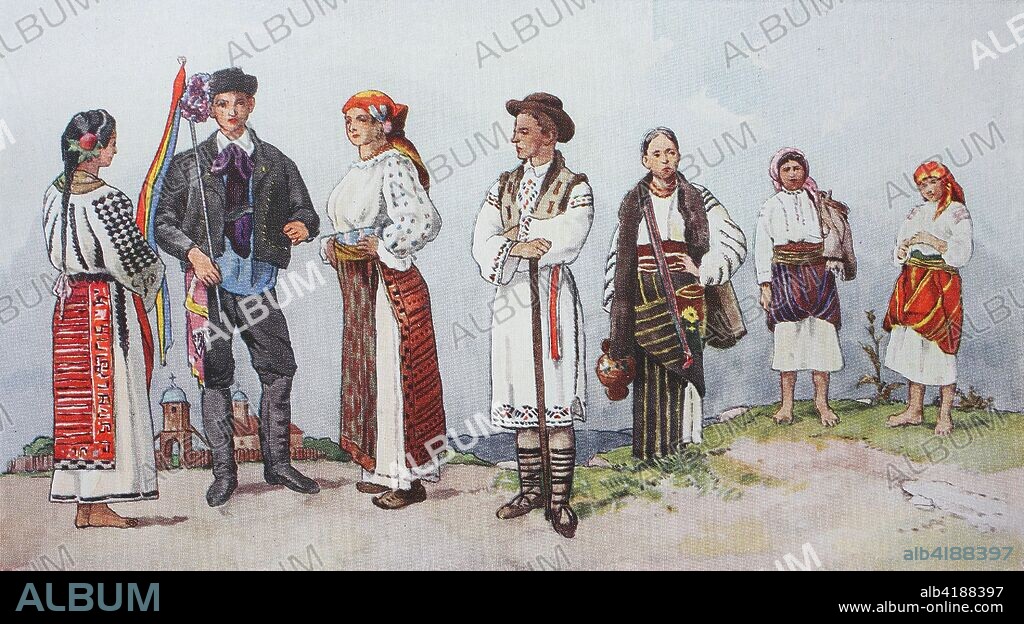 Fashion, clothes, folk costumes in Romania, from the left, a Romanian peasant woman from Wallachia in summer dress, a Romanian groomsman from Wallachia, a Romanian from Wallachia, a Romanian in real folk costume and three women from Bukovina, digital improved reproduction from an original from the year 1900.