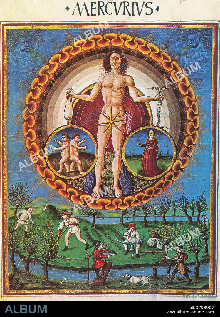 Astrology illustration of Virgo ruled by the planet Mercury (Mercurius) from the Fifteenth Century Lombard Manuscript De Sphaera. The zodiac symbol for Virgo is the virgin lady, which is depicted in the right circle in the image. In the left circle are Siamese Twins which appear as interacting galaxies in the Virgo star cluster. Virgo is considered an introvert (or negative) sign and is an earth sign.