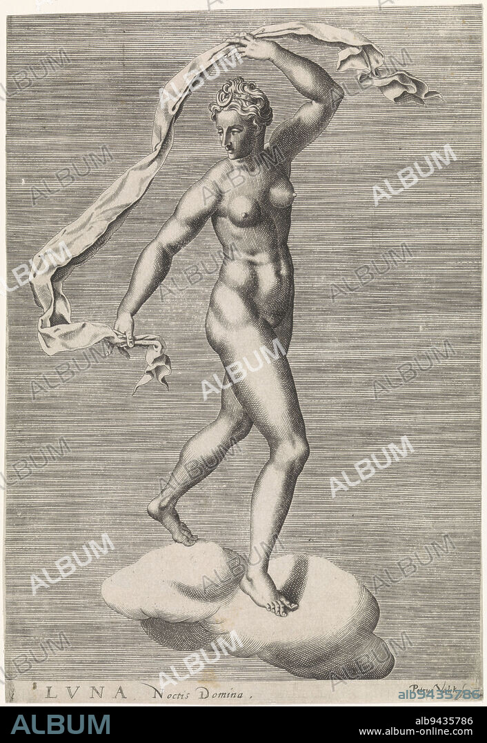 Diana as the moon goddess Luna on a cloud, the moon on her forehead. Seventh print from a series of prints with planets, Diana as the moon goddess Luna on a cloud Luna Noctis Domina, The seven planets, print maker: Pieter Valck, (mentioned on object), Venice, 1575, paper, engraving, h 285 mm × w 197 mm.