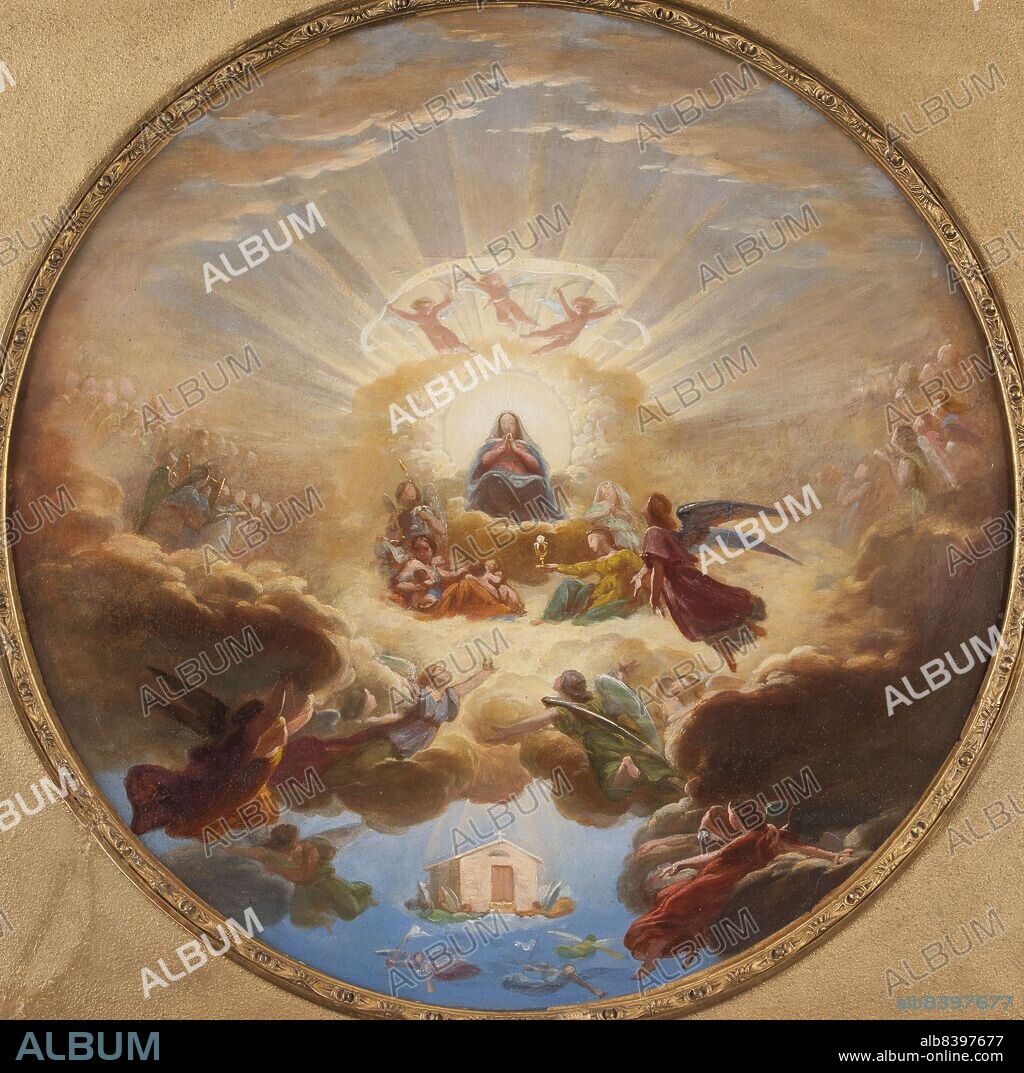 PIERRE CLAUDE FRANÇOIS DELORME. La Translation de la Sainte Maison par les anges, between 1828 and 1837. The Translation of the Holy House by angels. Sketch for the dome fresco of the Notre-Dame de Lorette church in Paris. The Virgin Mary sits on clouds, accompanied by the four theological virtues of Justice, Faith, Charity and Hope. Above are putti holding a scroll on which is written gloria in altissimis deo. Below, the holy house stands out against an azure blue sky. Some Catholics believe this to be the house in which the Virgin Mary lived. Legends claim the same house was flown over by angelic beings from Nazareth to Tersatto (Trsat in Croatia), then to Recanati, before arriving in Italy.