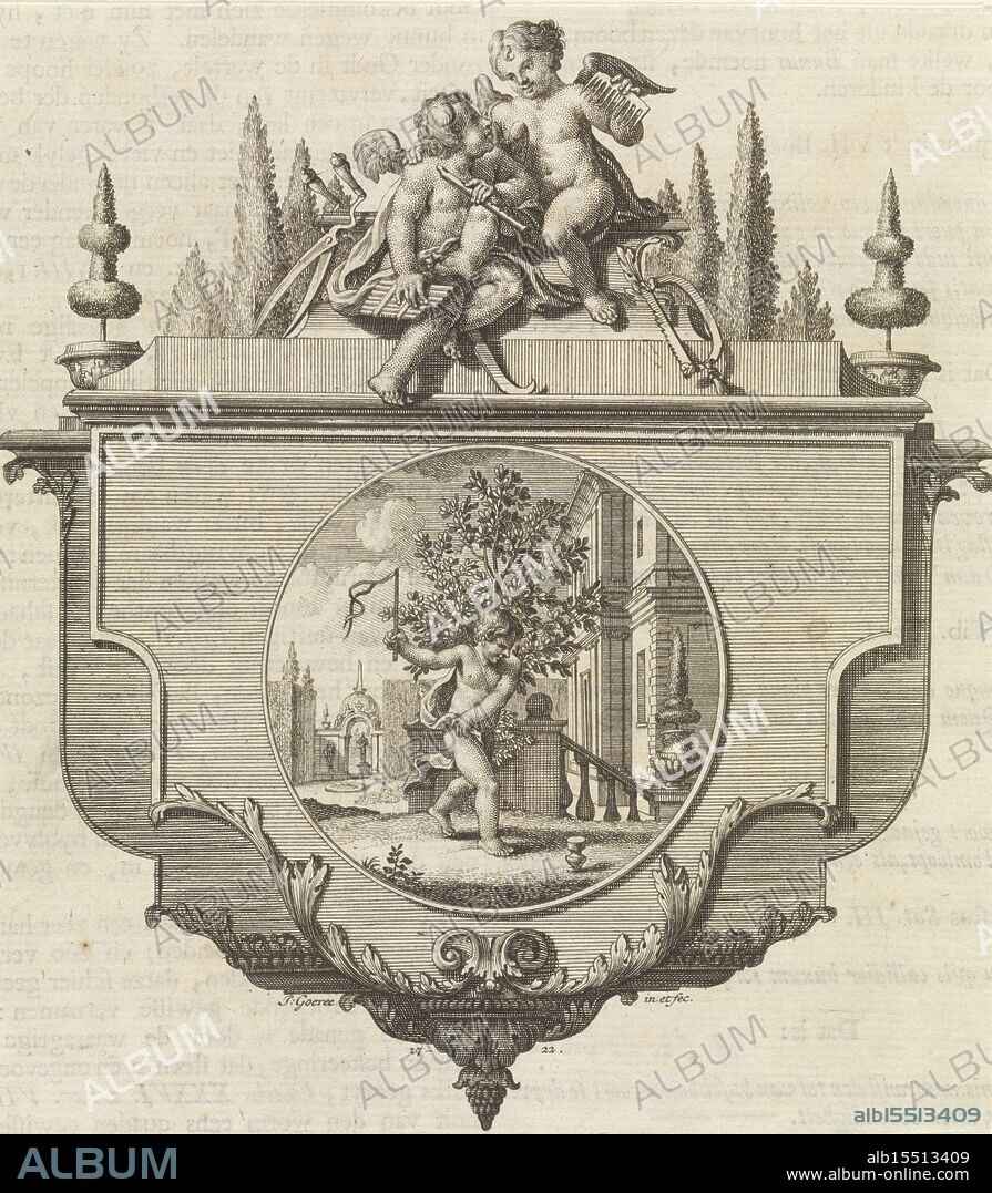 Dordrecht, Braam, Johannes van, Amsterdam, Linden, Gerard onder de, Goeree, Jan, Putto playing with spinning top, Emblem: forest wood, Cartouche with two putti above. One plays music, the other combs his hair. In the middle of the cartouche an emblem with a putto spinning a spinning top with a whip. Forest wood was used for making spinning tops., print, book illustration, prints, width 146 mm, height, 155 mm, 1670-10-20 - 1731-01-04, print maker, printmaker, 1722 - 1722, paper, engraving, engraving (printing process), Work conception, after a design by, Publication (Event), Publication, publisher, Noord-Nederlands, 1677-11-01 - 1751-03-01.