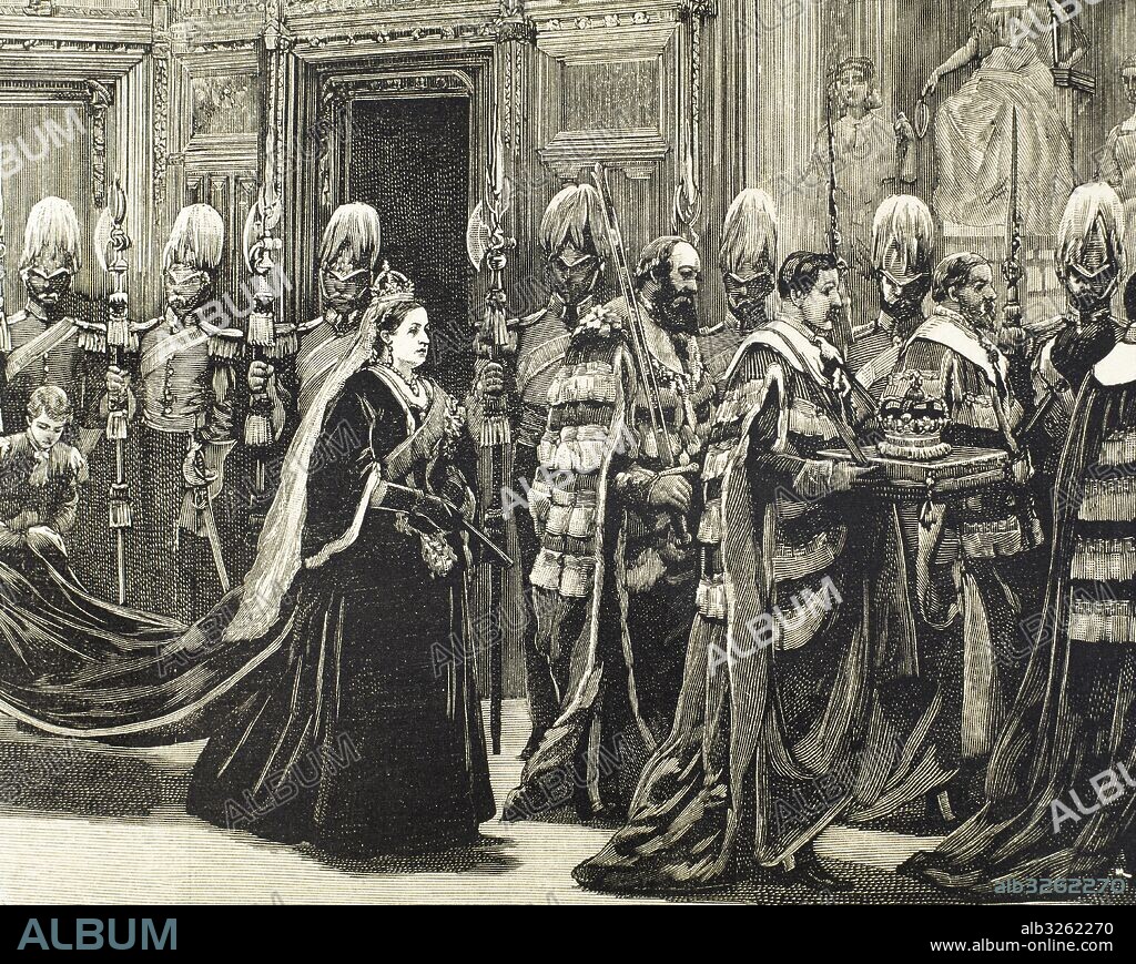 Victoria I (1819-1901). Queen of the United Kingdom of Great Britain and Ireland (1837-1901) and Empress of India (1876-1901). Palace of Westminster. The royal party passes through the Prince's Hall to enter in the House of Lords. Engraving, 1886. "La Ilustracio_n  Espan_ola y Americana".