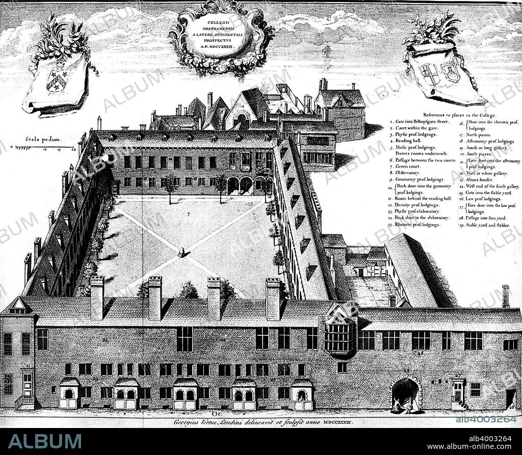 Gresham College, London, 1739. Gresham College was established in 1597 in the mansion of Sir Thomas Gresham in Bishopsgate under the terms of his will. Although its true origins are somewhat earlier, the Royal Society was formally constituted on 28 November 1660 at the college, which served as its meeting place until 1710. From Lives of the Professors of Gresham College by John Ward.